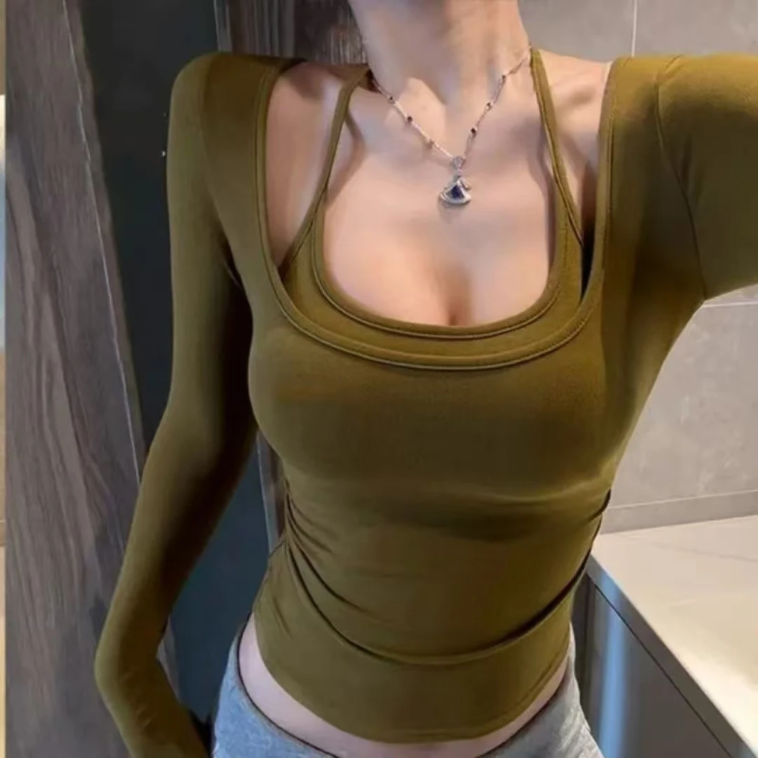 沐沐家纯欲风假两件挂脖德绒内搭修身显瘦收腰T恤上衣25102