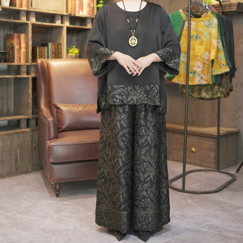 H0001休闲风轻职风时尚套装阔腿裤上衣夏季唐装提花套装