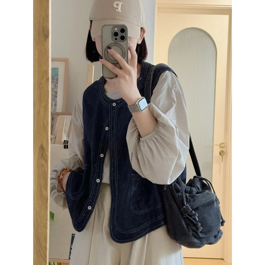 复古牛仔马甲女2025新款春秋韩系叠穿背心气质工装坎肩马夹外套