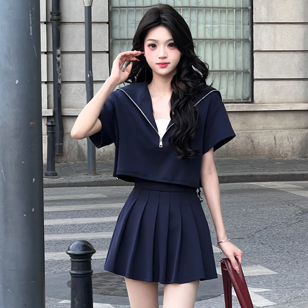 【两件套】2025夏季新款韩式洋气套装显瘦休闲短袖+百褶裙