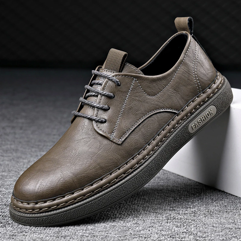 2025复古男士休闲皮鞋厚底低帮户外工装鞋加缝线四季小马丁鞋男鞋