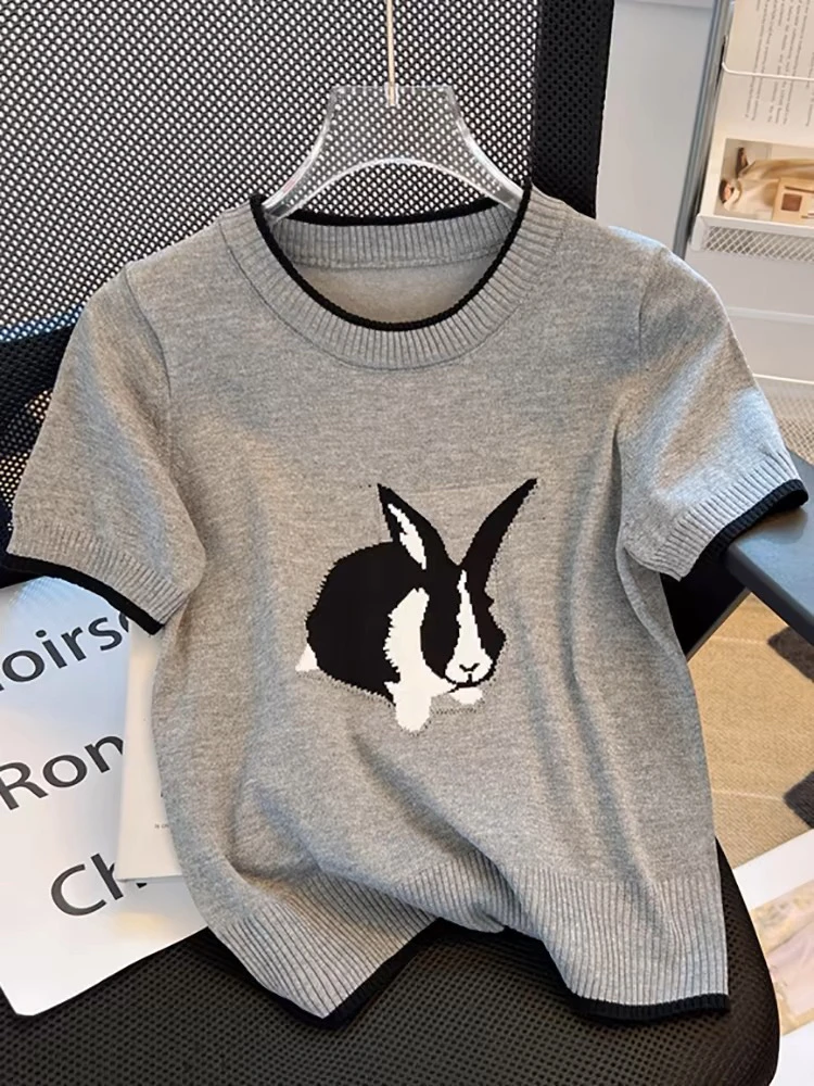 百搭灰色针织短袖女夏季设计感小兔子上衣