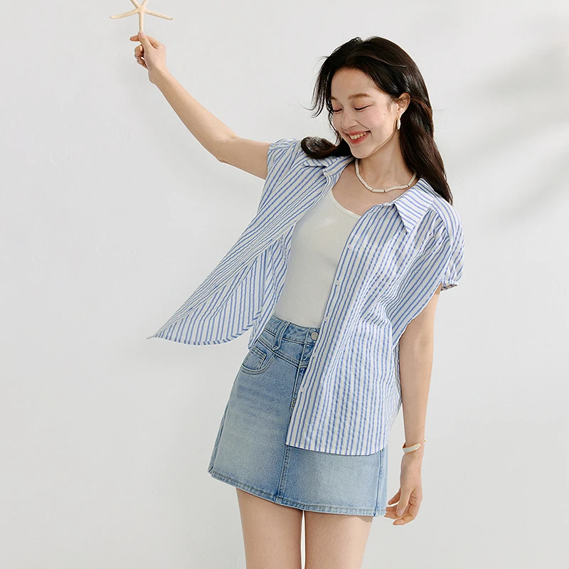 【一秒入夏】茵曼夏季法式条纹短袖衬衫设计感小众宽松衬衣上衣