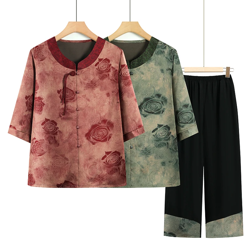 休闲薄款胖妈妈装女装中老年大码老年人中裤夏装中老年女装高档