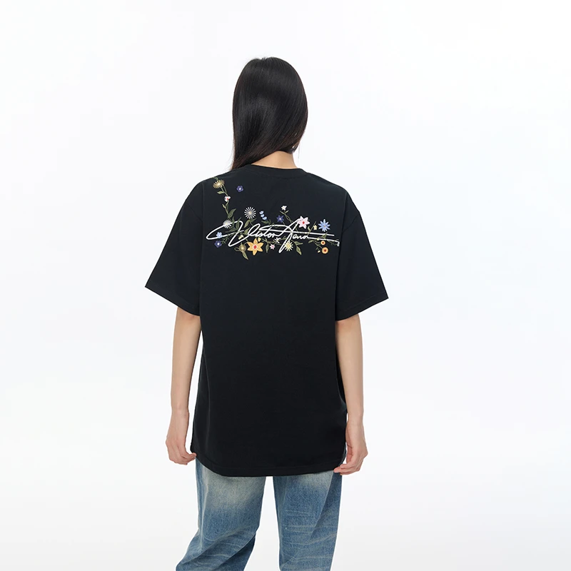 Endweep花卉连体字刺绣短袖T恤夏季男女美式情侣上衣宽松国潮