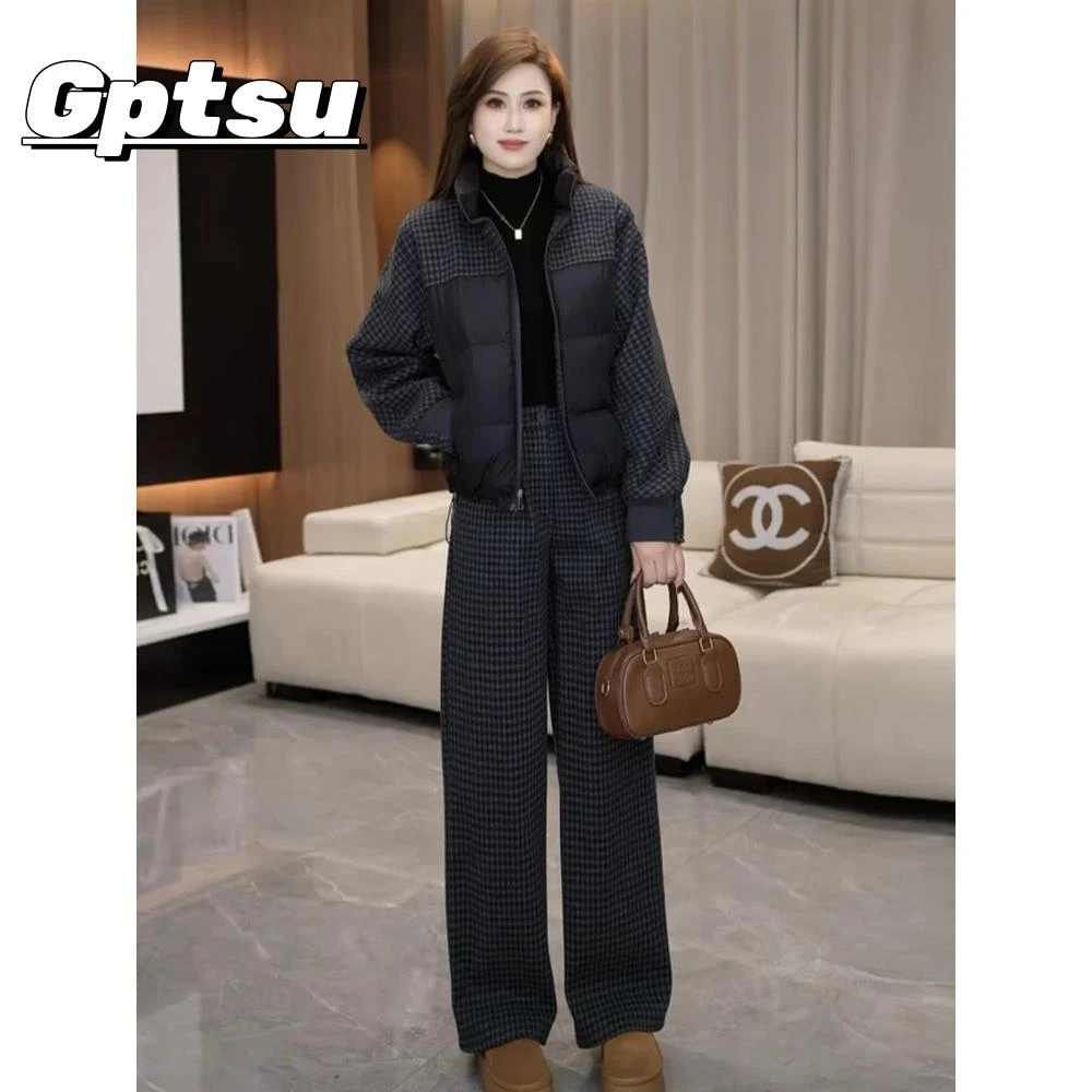 GPTSu冬穿搭套韩系高级感独特巨好看的格子外套棉服休闲冬装套装
