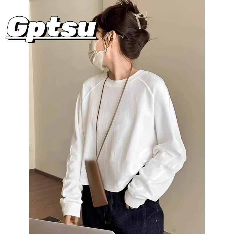 GPTSu纯棉白色短款卫衣女春秋2025款宽松慵懒百搭小个子长袖上衣