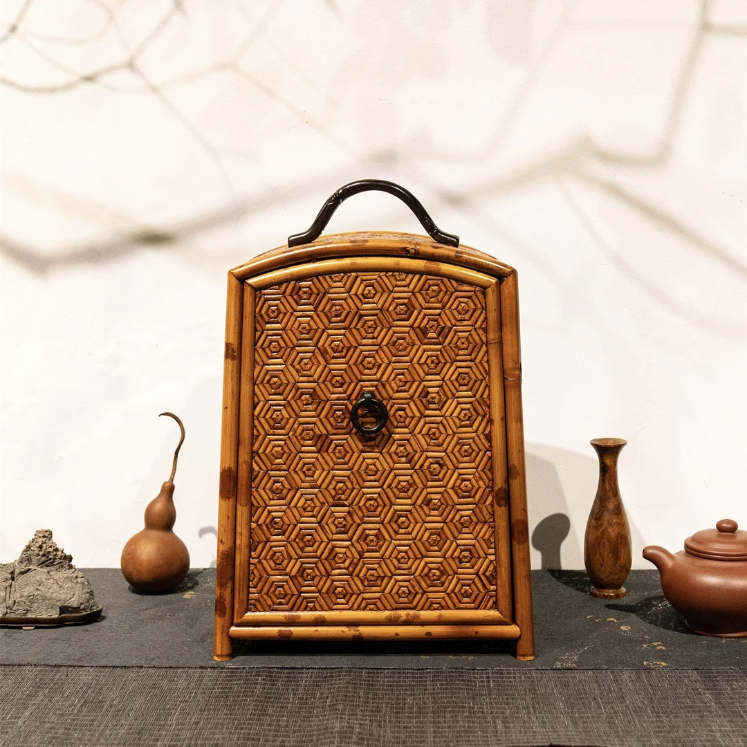 福建武夷山湘妃竹提箱茶箱龟背纹榫卯纯手工大漆工艺复古精品榫卯