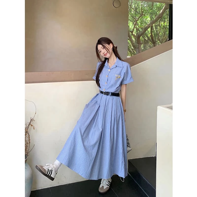 蓝色条纹polo领短袖连衣裙夏季女法式气质收腰显瘦衬衫裙A字长裙