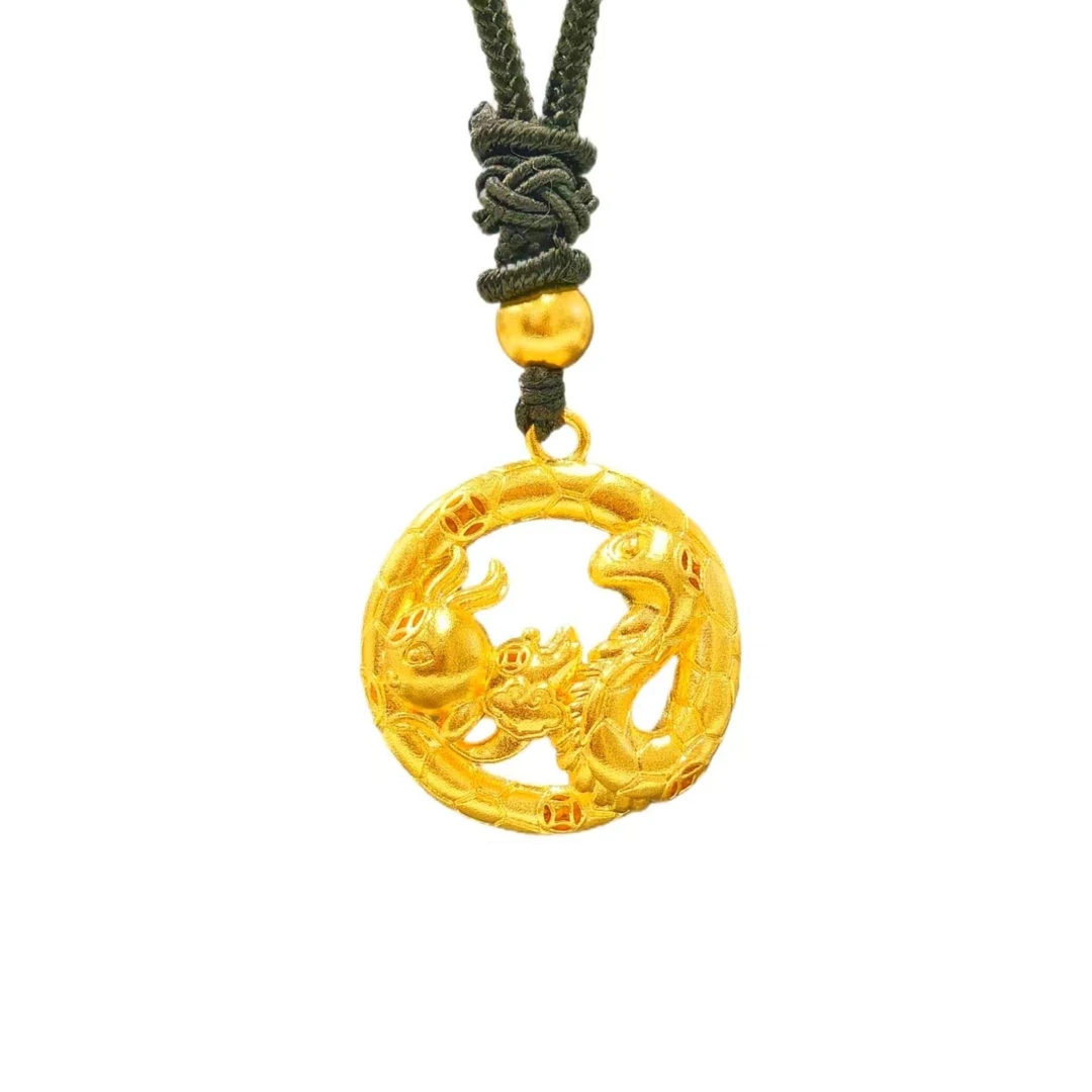 【贞爱福】黄金足金蛇盘兔吊坠挂坠带黑绳带精致本命年蛇年吉祥礼物