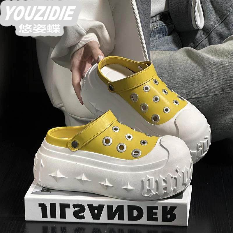 欧货轻奢大头松糕厚底洞洞鞋女2025新款百搭小个子增高包头半拖鞋