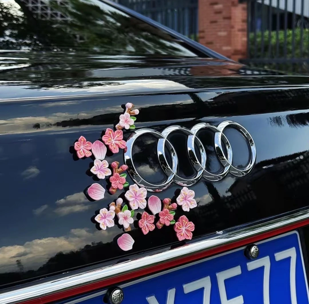 车载3d立体桃花车贴汽车电动车花朵装饰贴无痕点胶内饰树脂樱花