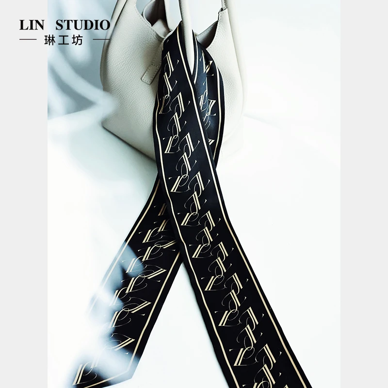 【桑蚕丝】琳工坊黄黑TL字母印花丝巾时尚绑带飘带唐琳设计师