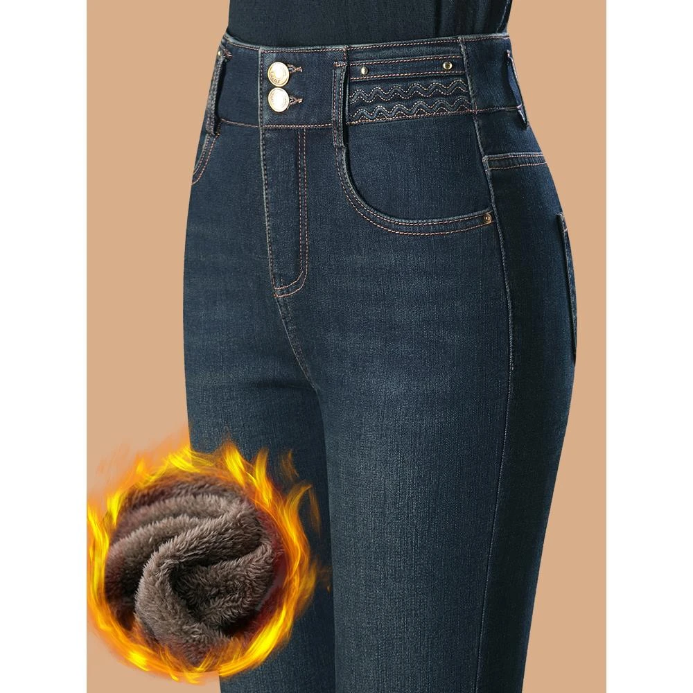 加绒牛仔裤女士2025冬季新款高腰加厚弹力直筒裤中年妈妈秋冬裤子