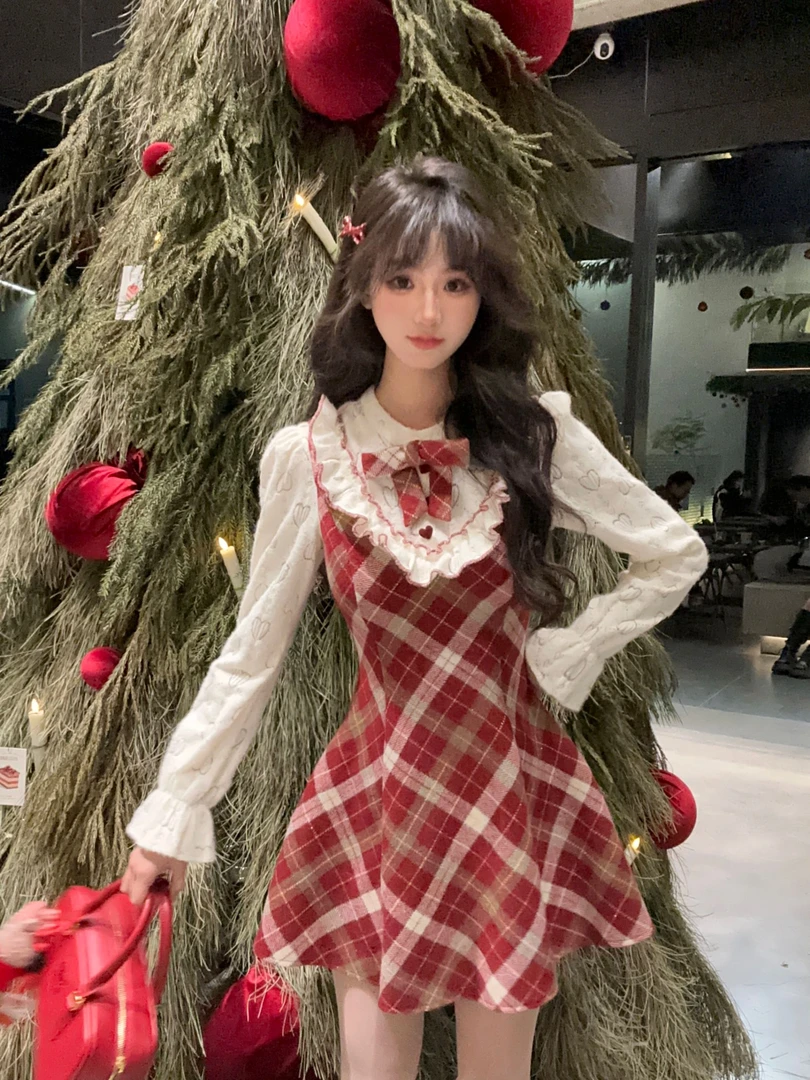 越韩小鱼 冬日协奏曲 甜美复古红色格纹背心裙气质衬衣两件套女