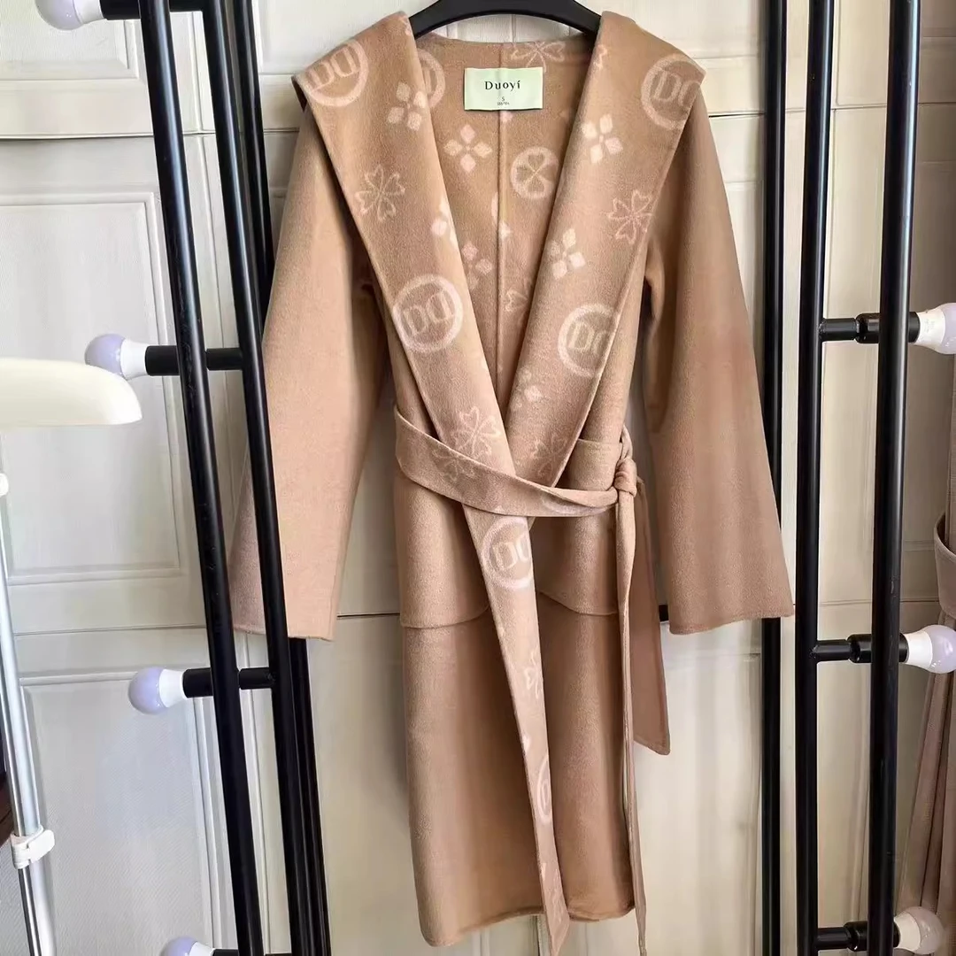 朵以2023冬季新款时尚百搭气质翻领双面呢大衣中长款38DD730120