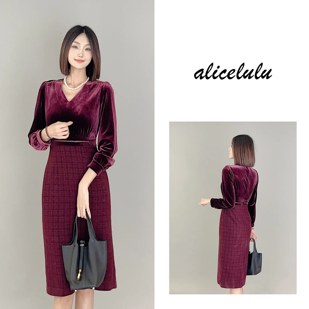 5 ALICE “微醺红酒”连衣裙 华贵丝绒 优雅格纹 S1034530D