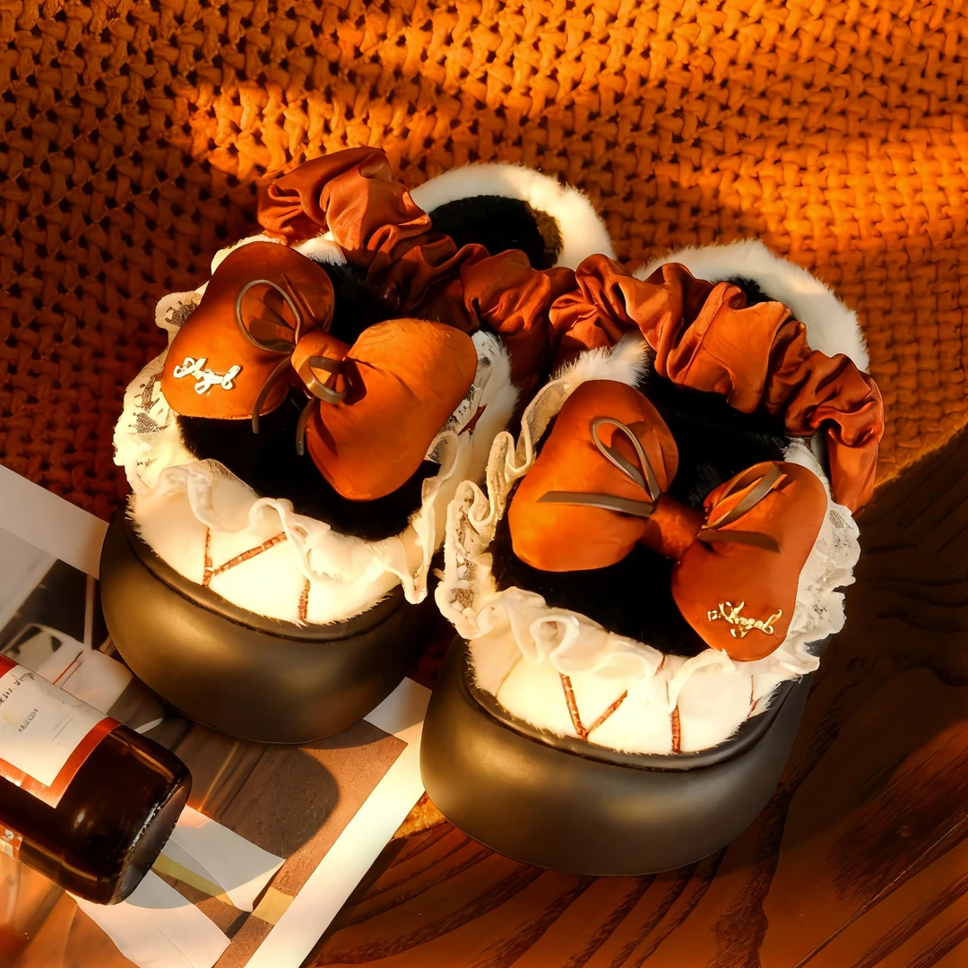 女士可爱卡通厚底蕾丝蝴蝶结保暖防寒毛绒棉拖鞋秋冬居家室内外穿