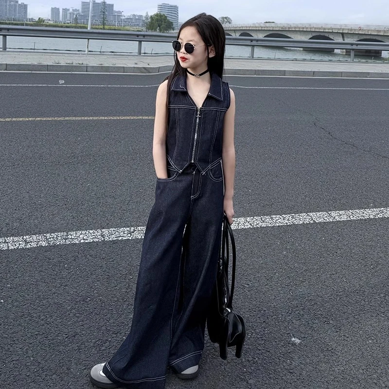 2025女童装夏季新款韩版时尚休闲百搭牛仔马甲阔腿裤两件套套装潮