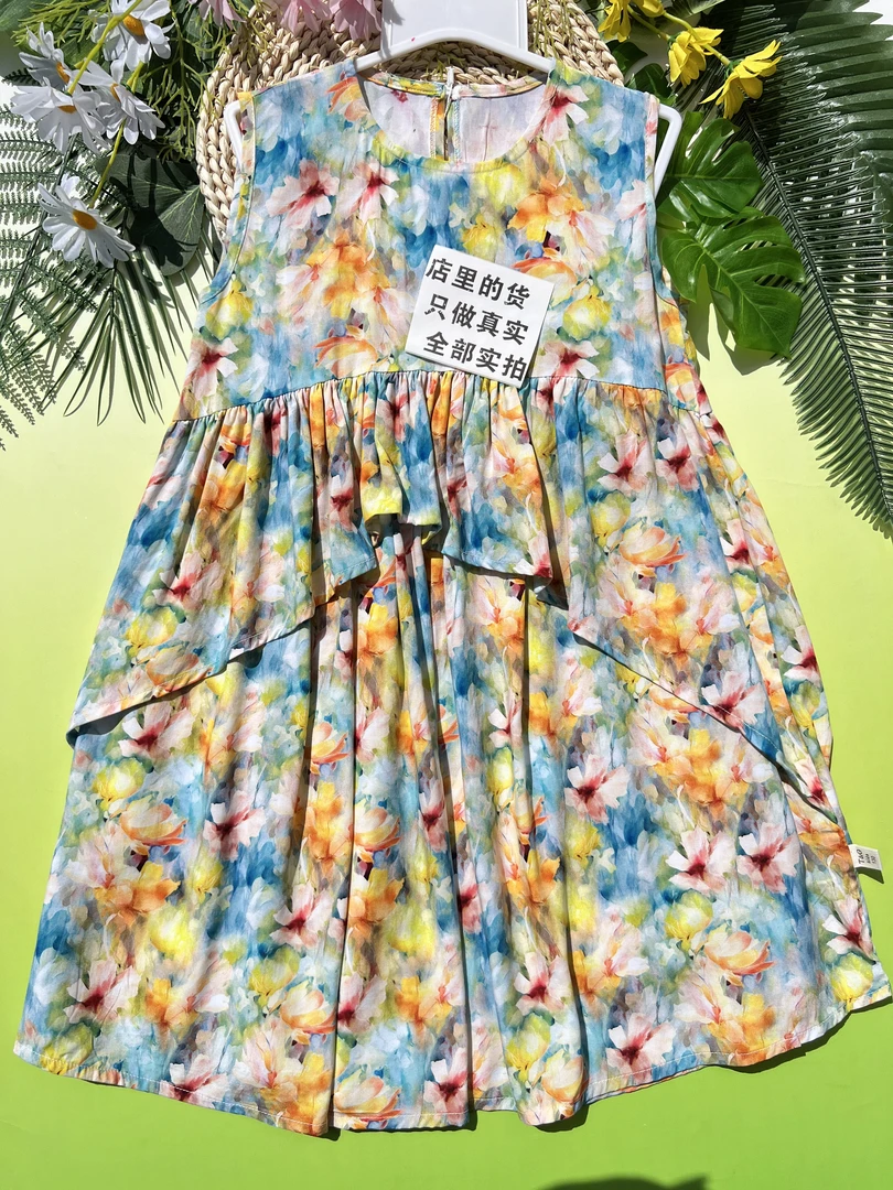 Q068山东人造棉儿童套装外穿裙子裤子上衣断码清仓夏棉绸洋气时尚