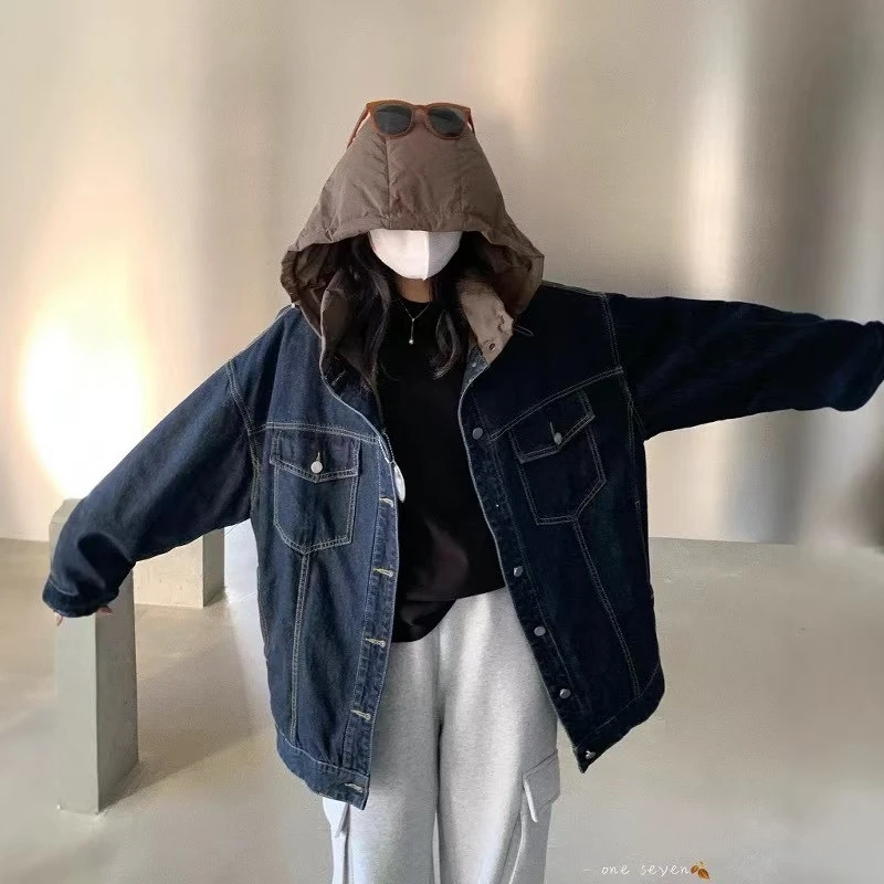 【DD-女装】深蓝色短款连帽牛仔羽绒服冬港风设计感白鸭绒外套