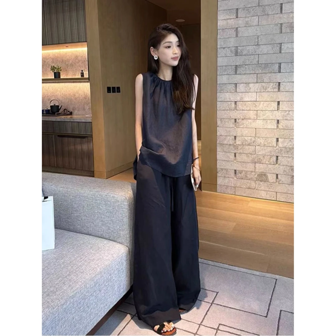 小个子气场强大女高级感炸街减龄黑色背心阔腿裤两件套装2025夏季