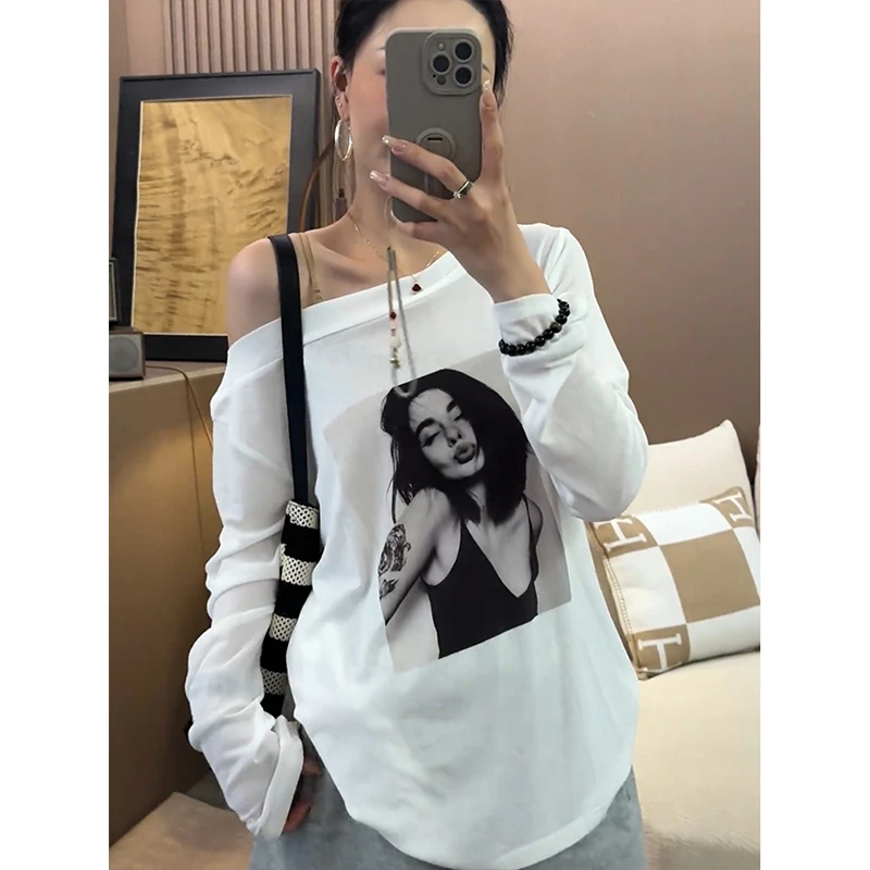 小众chic高级感人物印花长袖T恤女夏季2025新款小个子减龄ins上衣