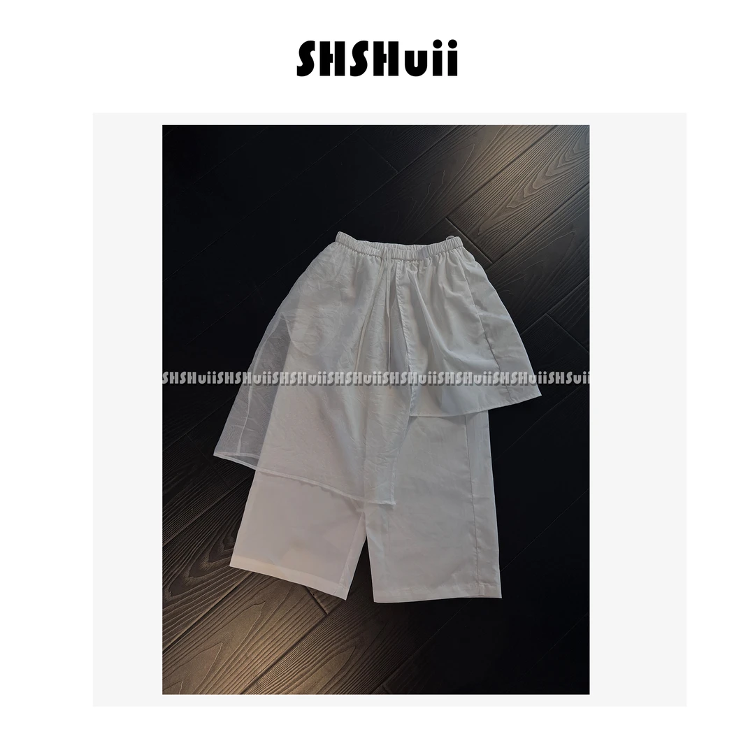 SSHuii【浅韵纱影】设计感屁帘松紧腰网纱裙裤阔腿裤