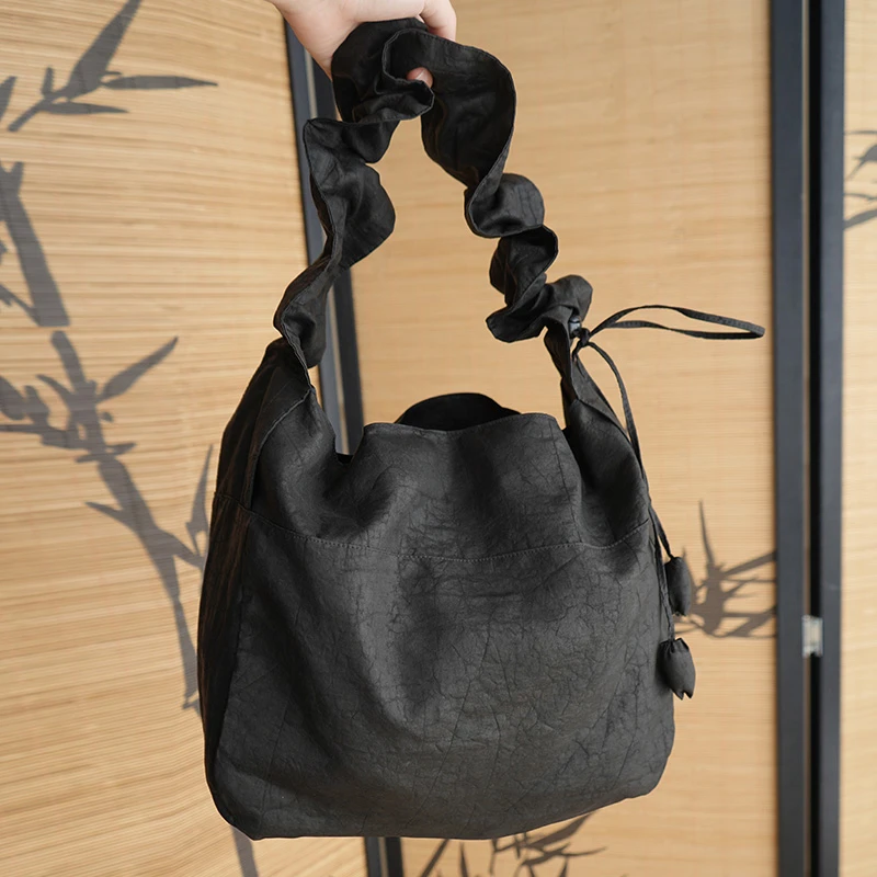 香云纱龟裂纹荷叶抽绳包 国风新中式女通勤单肩包手提包可斜挎包