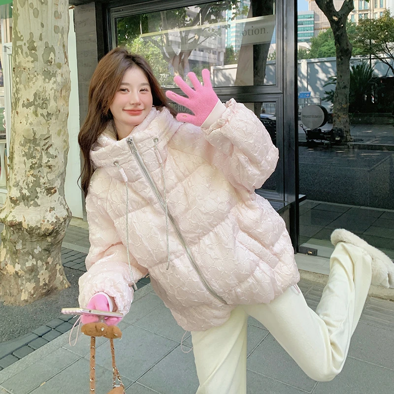 粉色肌理感90白鸭绒羽绒服女冬季新款韩版宽松减龄慵懒风加厚外套