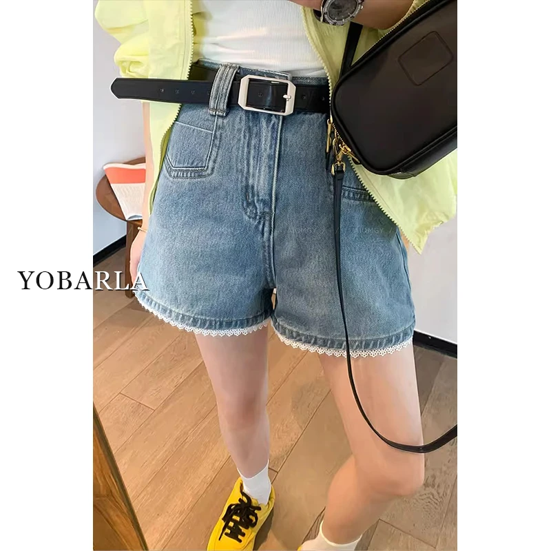 蓝色蕾丝花边牛仔短裤女夏季新款小个子高腰大码显瘦美式复古热裤