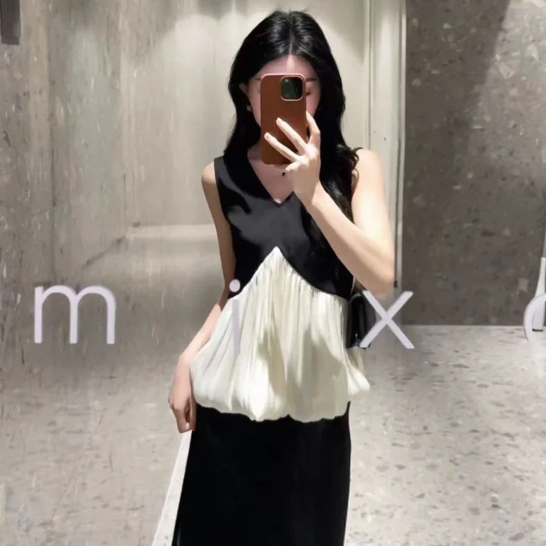 【661】高级感拼色无袖上衣女士修身显瘦百搭气质V领背心