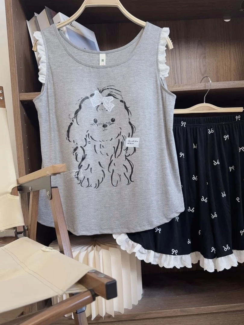 【卷毛小狗背心】带胸垫2025新款夏季女士莫代尔背心短裤睡衣套装