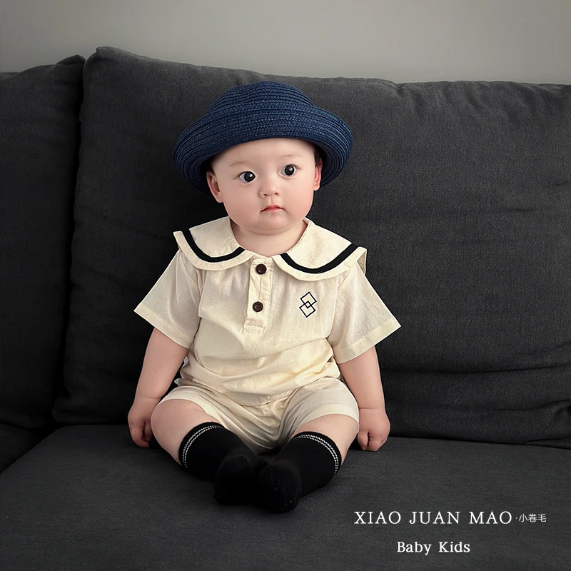 T25X23夏季男女宝海军风套装韩系婴幼儿薄款纯棉短袖短裤分体爬服