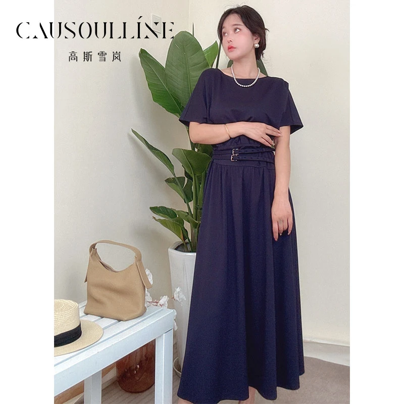 高斯雪岚【夏装新品】气质纯色系带收腰显瘦洋气连衣裙女25262356