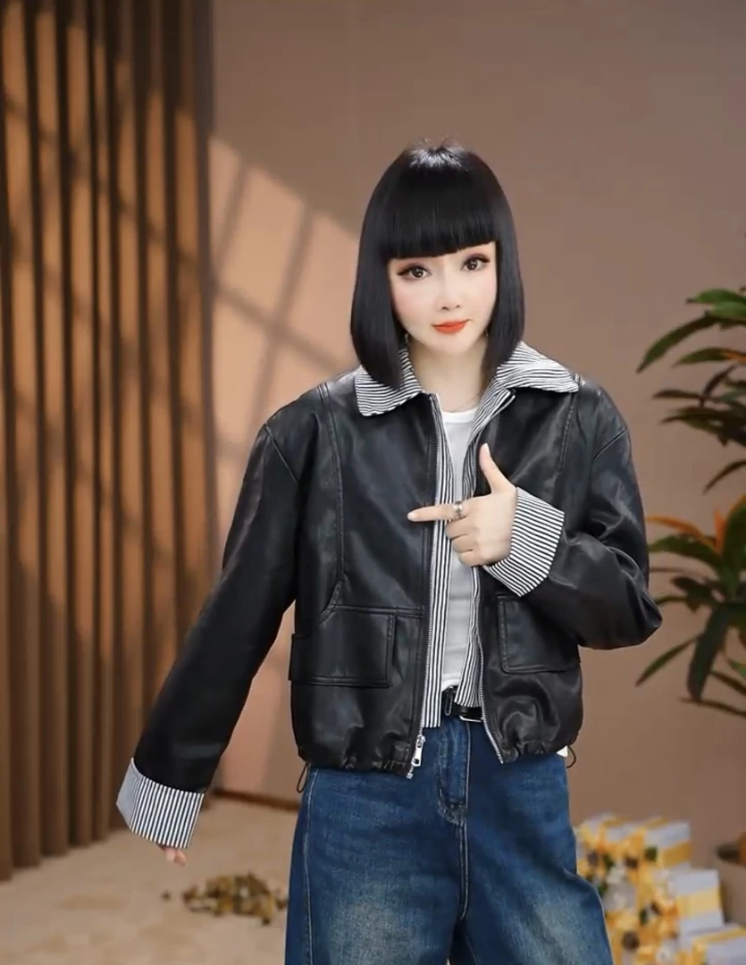 拼接皮衣女装撞色拼接秋季夹克宽松型9803