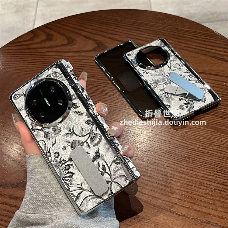 适用华为matex5手机壳matex6真皮蝴蝶花朵支架x5全包铰链壳膜一体