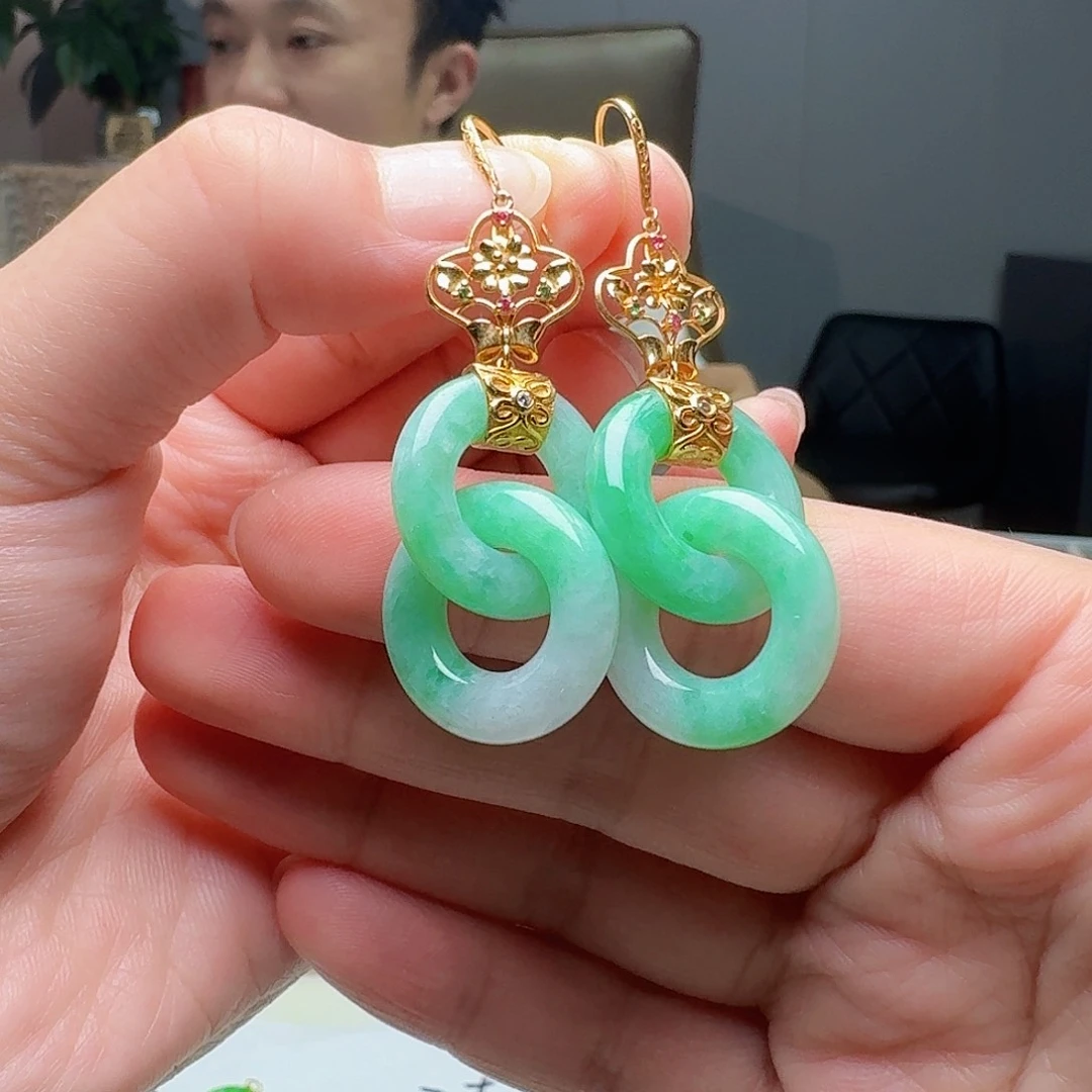 翡翠18K金镶嵌耳饰天然