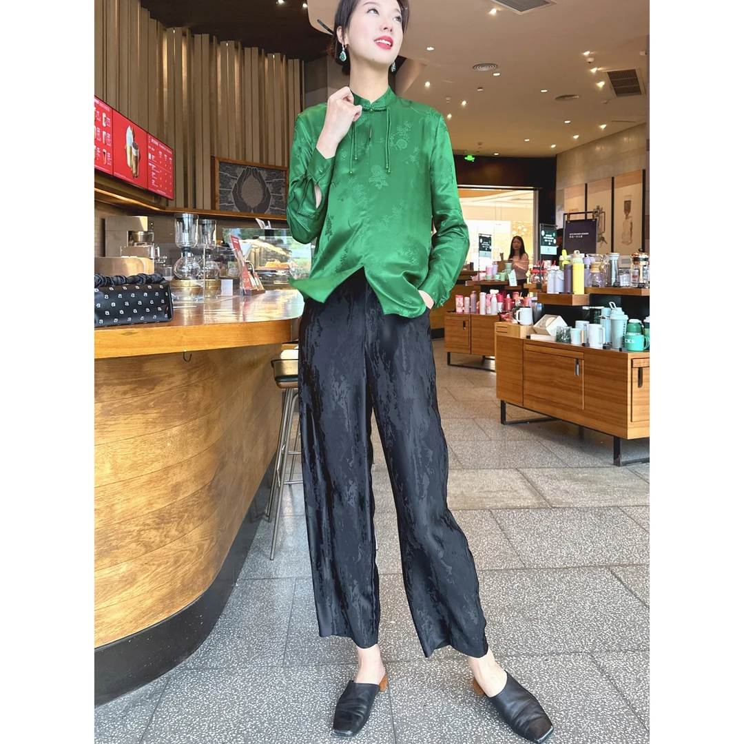 【老罗家】原创休闲裤女醋酸提花松紧腰显瘦直筒百搭香蕉裤时尚长裤