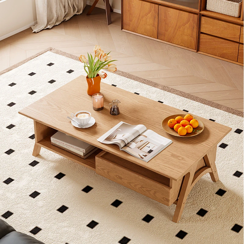 曲美家居复古茶桌长方形咖啡桌实木中古风家用白蜡木小户型茶几