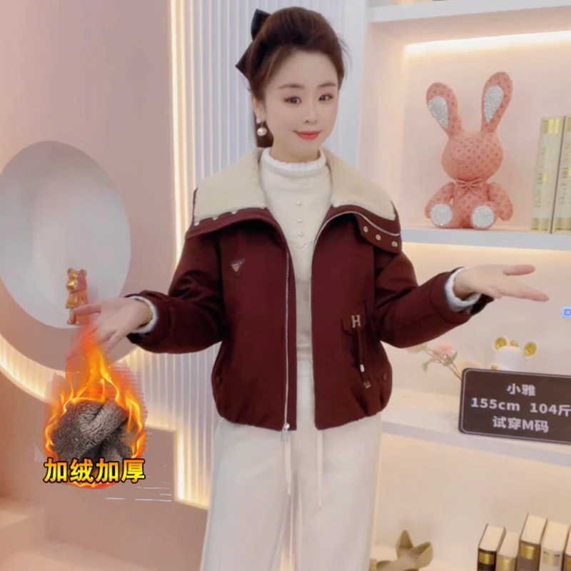 加绒加厚短款外套女2025冬季新款洋气显瘦羊羔毛翻领保暖夹克棉袄