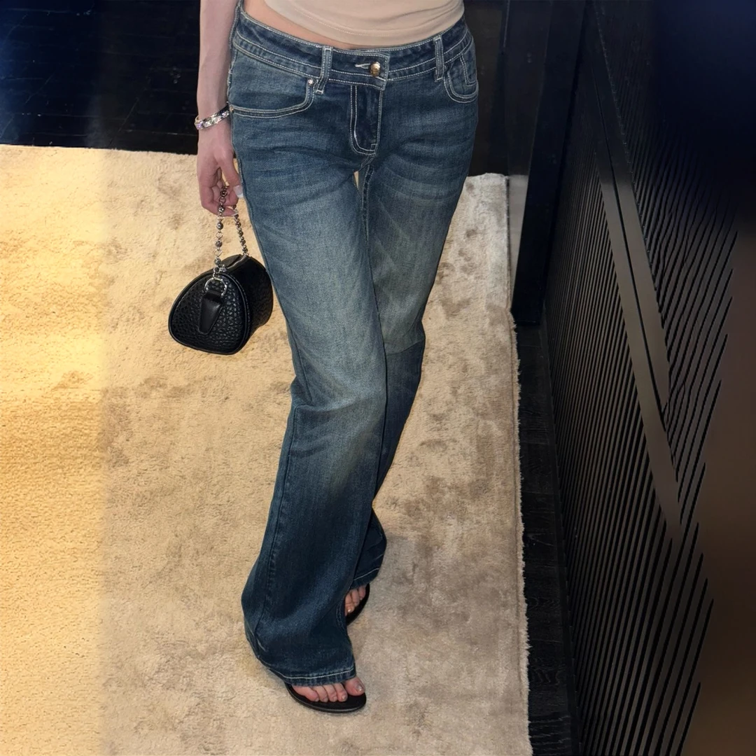 低腰复古微喇牛仔裤女2025夏季新款美式高街显瘦修身喇叭马蹄裤子