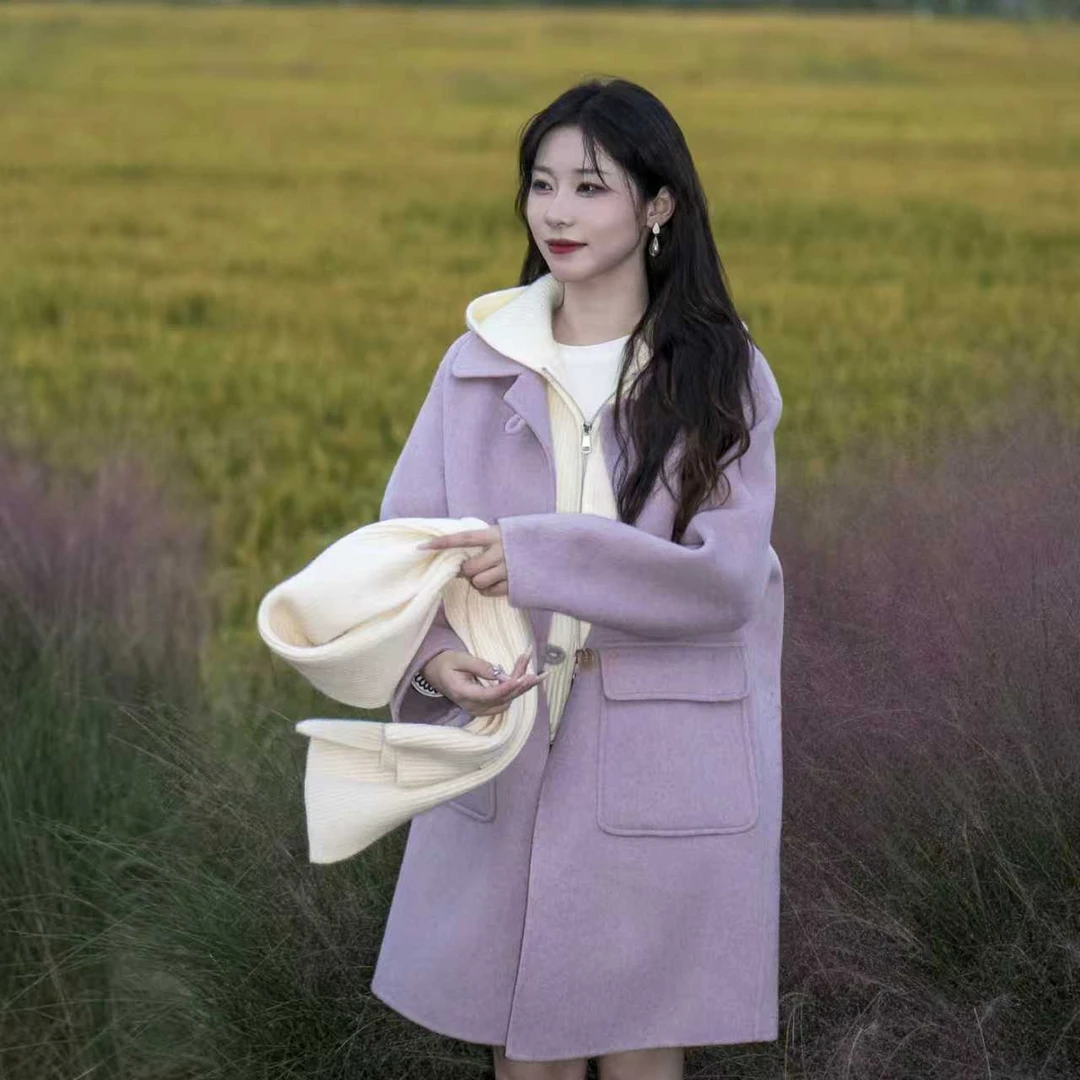 2025秋冬新款气质小个子宽松中长款时尚娃娃领显高双面大衣19115