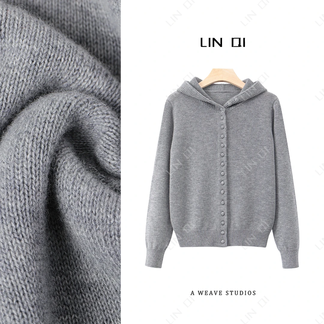 洋气显背薄 单排包扣连帽上衣女新款时尚气质针织衫