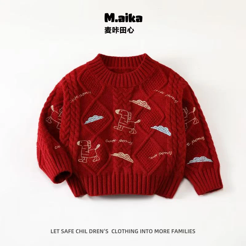 59758男女童过年新年红色针织童趣刺绣小马麻花织法复古年服