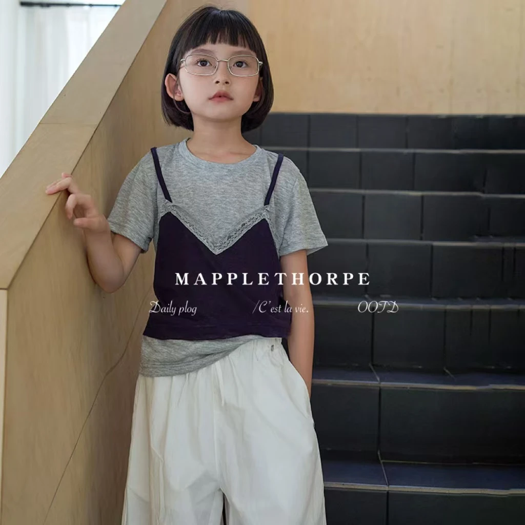 S0754 拼接吊带蕾丝花边假两件上衣