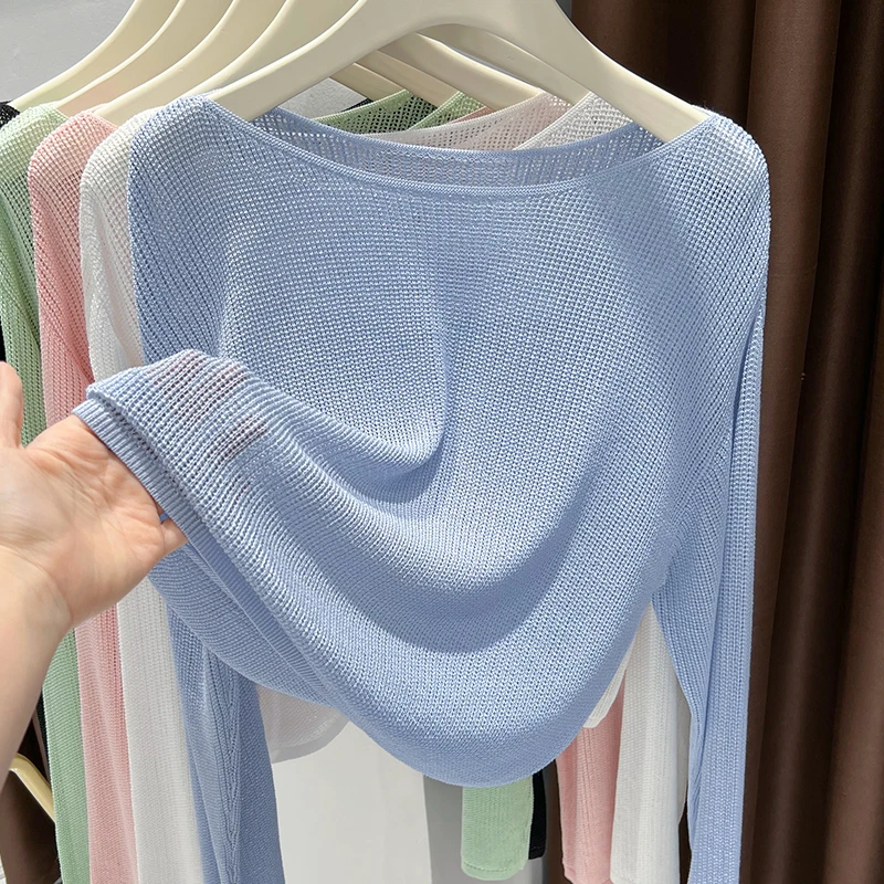 2025新款蓝色上衣镂空长袖针织衫夏季薄款半透ins宽松防晒罩衫潮