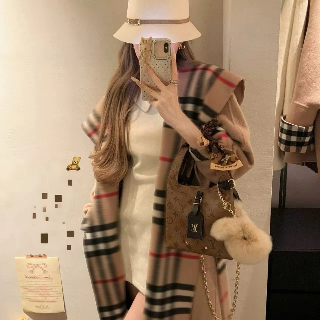 2025秋冬新款女bbr格子双面羊毛大衣连帽大牌平替毛呢外套