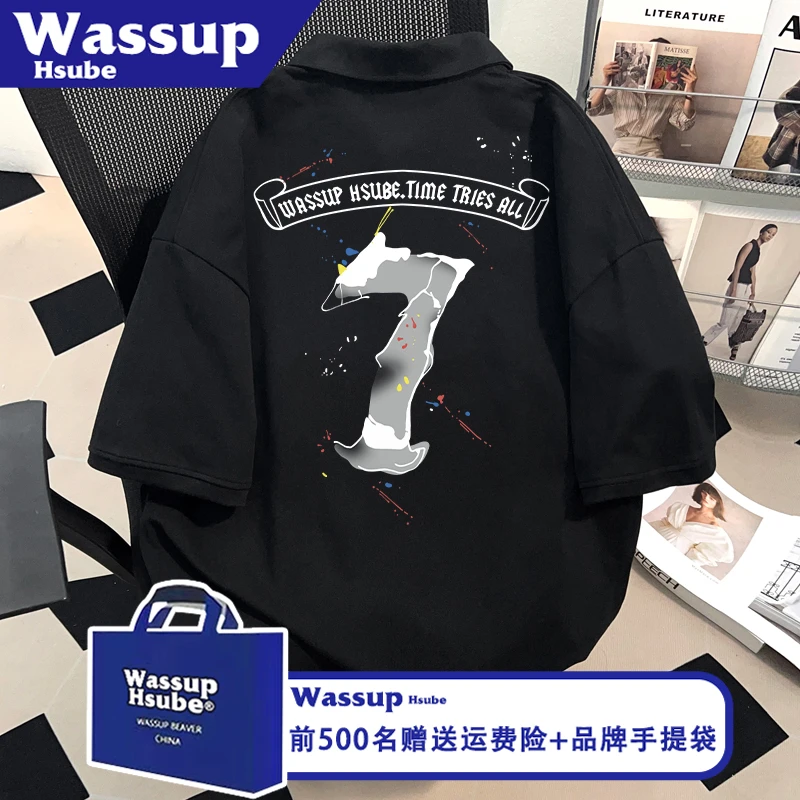 WASSUP HSUBE街头学院风印花T恤ins夏季POLO衫黑色纯棉男女款半袖