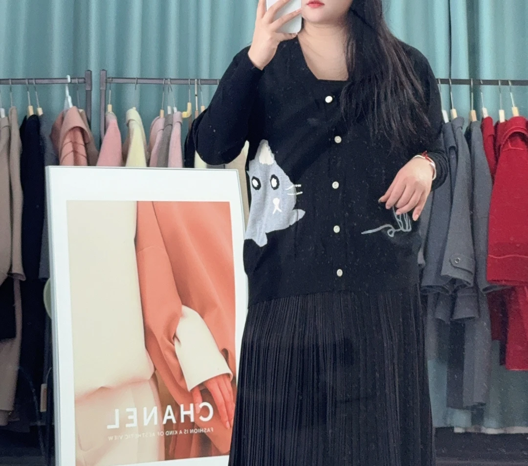 大码女装微胖妹妹猫咪图案针织开衫外套百搭